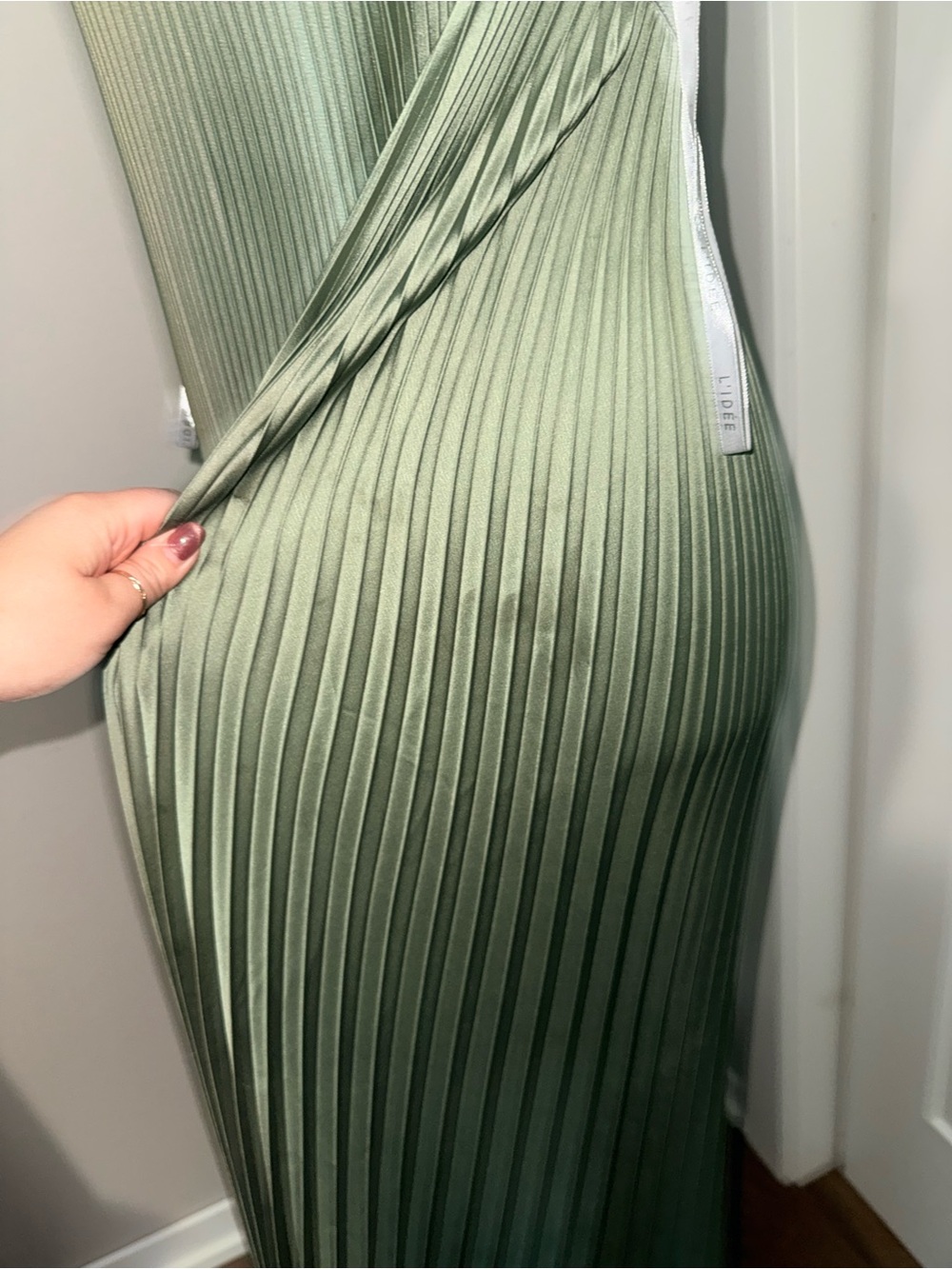 Lidee Deesse Gown in Moss Green Maxi Dress Pleated Halter US 4 - Picture 7 of 8